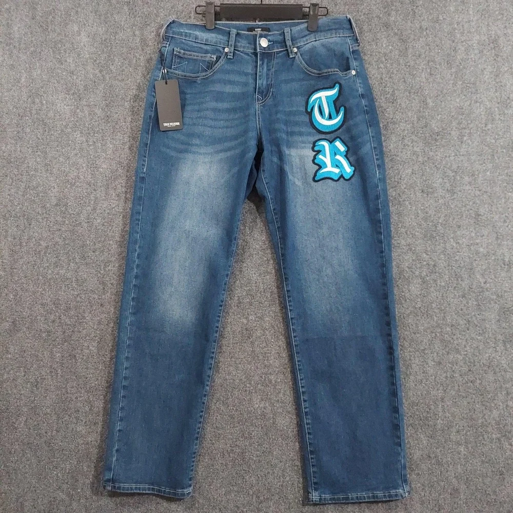 True Religion Bobby Relaxed Baggy Jeans Mens 30x30 Medium Blue TR Applique Y2K